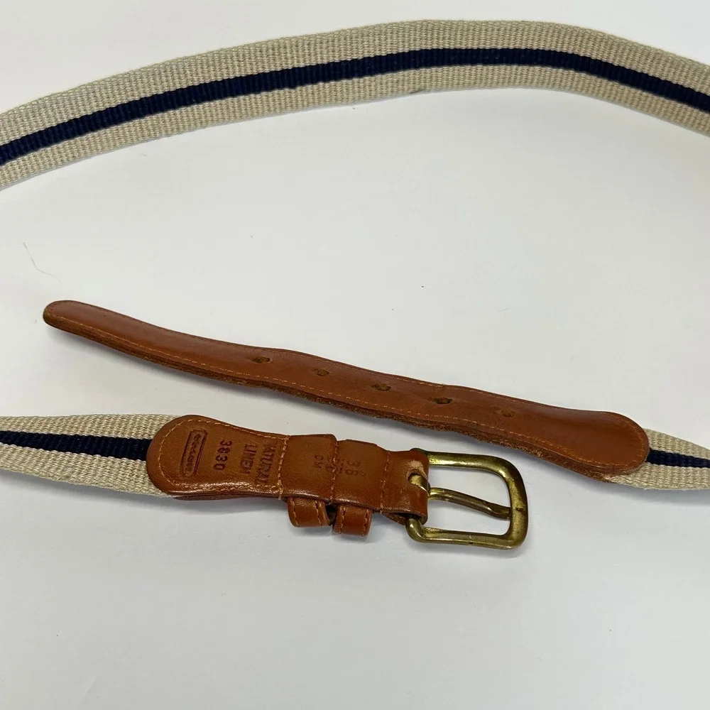 Coach‎ Belt Mens 36 Beige Navy Linen Leather Vintage 3830 Preppy Striped